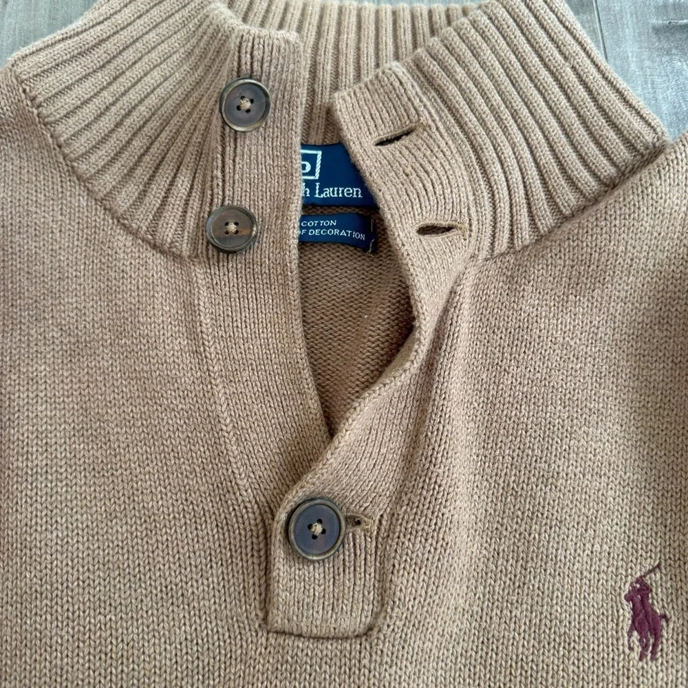 Polo Ralph Lauren Pullover Sweater Three Button Men XL Cotton Khaki Brown Preppy